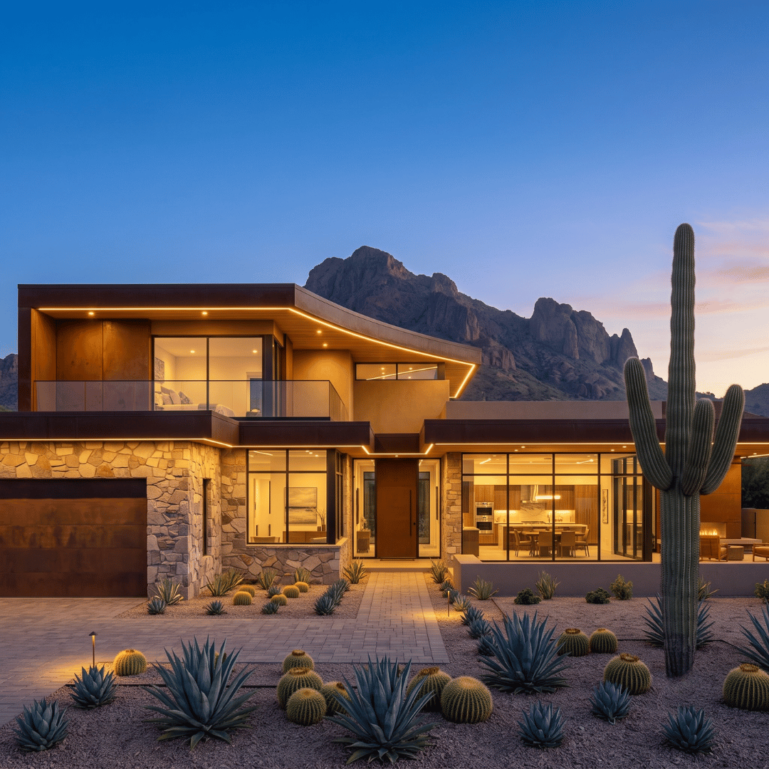 Soffit lighting on a desert home facade